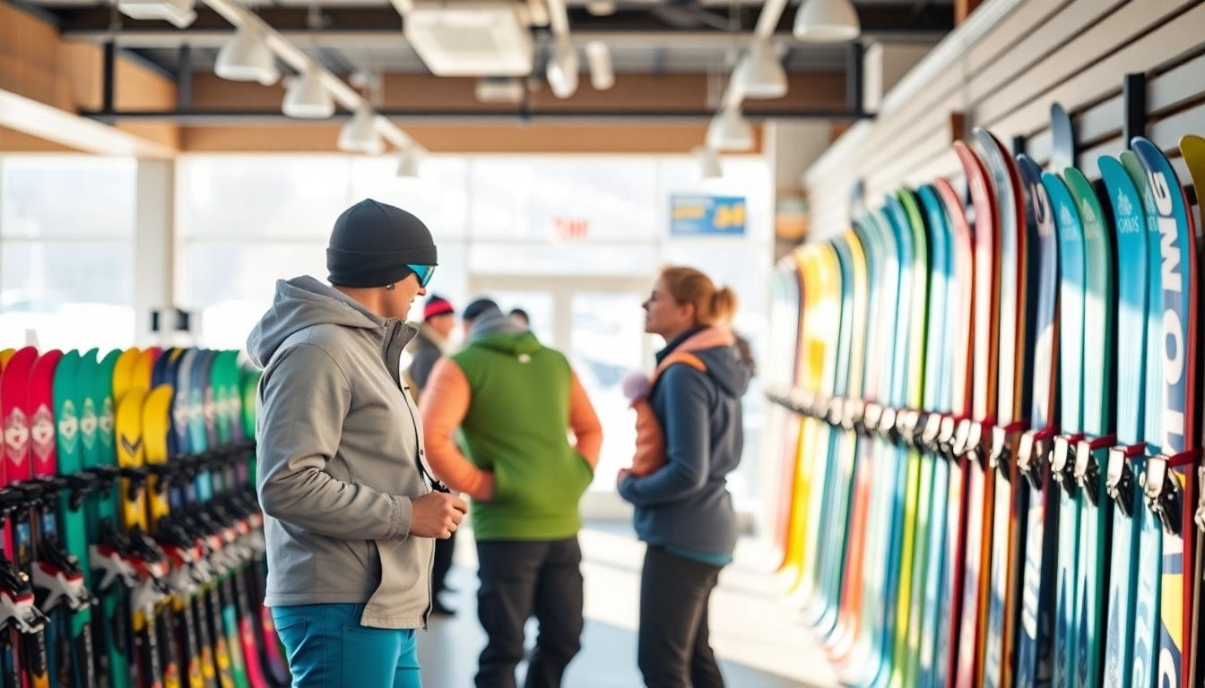 Ski shop Lexington, MA displaying colorful equipment with staff assisting customers.