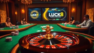 Experience LUCK8 excitement with vibrant casino tables, roulette, and players immersed in thrilling gameplay.