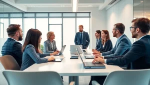 Visualize a Luxembourg holding setup with professionals strategizing in a modern conference room.