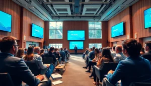 Engaged audience at a technology leadership conference with dynamic speakers on stage.