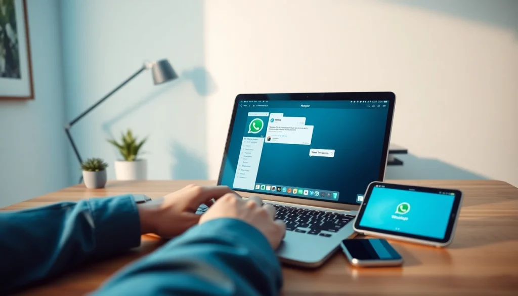 Person engaging with WhatsApp Web on a laptop, surrounded by tech devices for effective communication.
