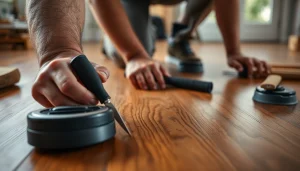 Installing flooring with care, showcasing craftsmanship and wooden textures in a well-lit setting.