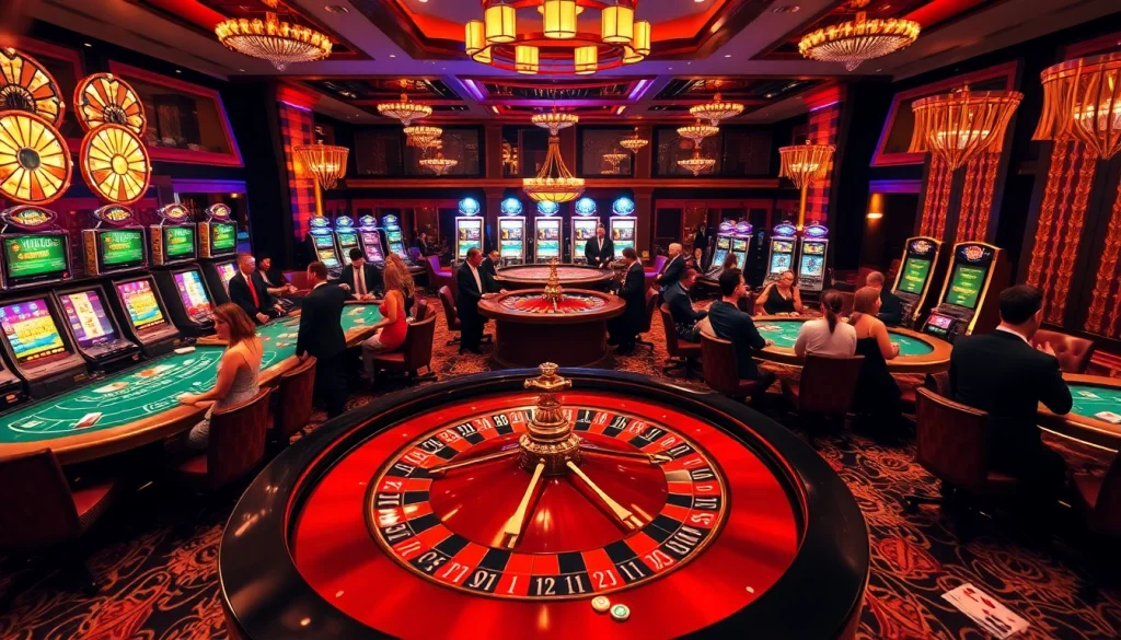 Une scène animée au meilleur casino en ligne avec des joueurs aux tables de roulette et de blackjack, mettant en avant l'excitation et le luxe.