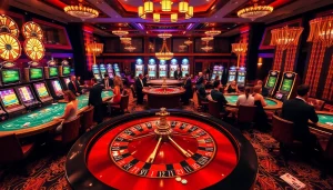 Une scène animée au meilleur casino en ligne avec des joueurs aux tables de roulette et de blackjack, mettant en avant l'excitation et le luxe.