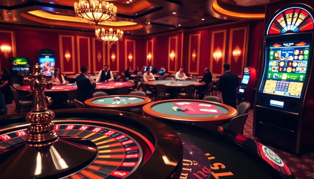Scène excitante du meilleur casino en ligne, mettant en vedette des tables de poker vibrantes et des roues de roulette.