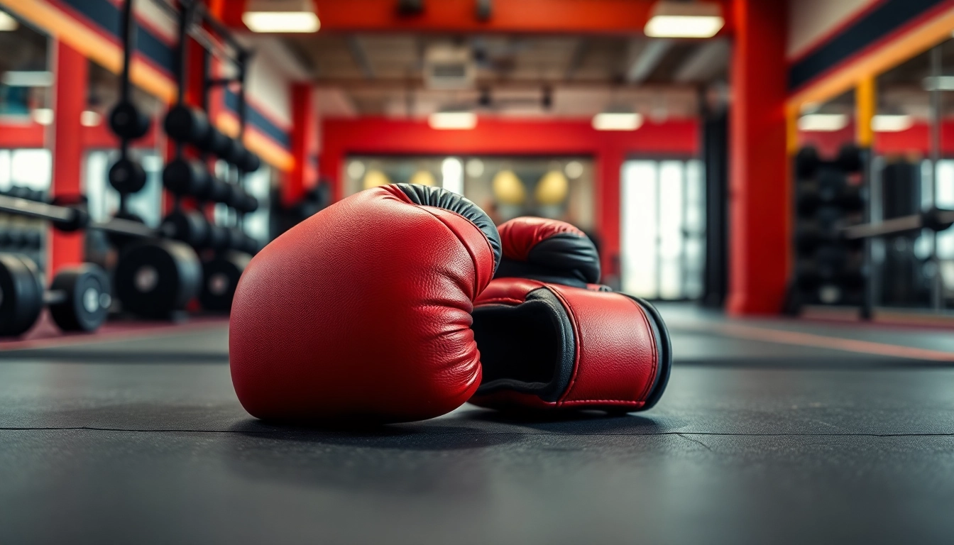 MMA gloves on a gym floor, showcasing durability and strength for training.