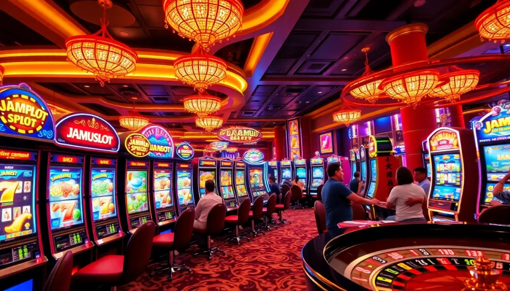 Experience the thrill of JAMUslot as players engage with exciting slot machines in a lively casino.