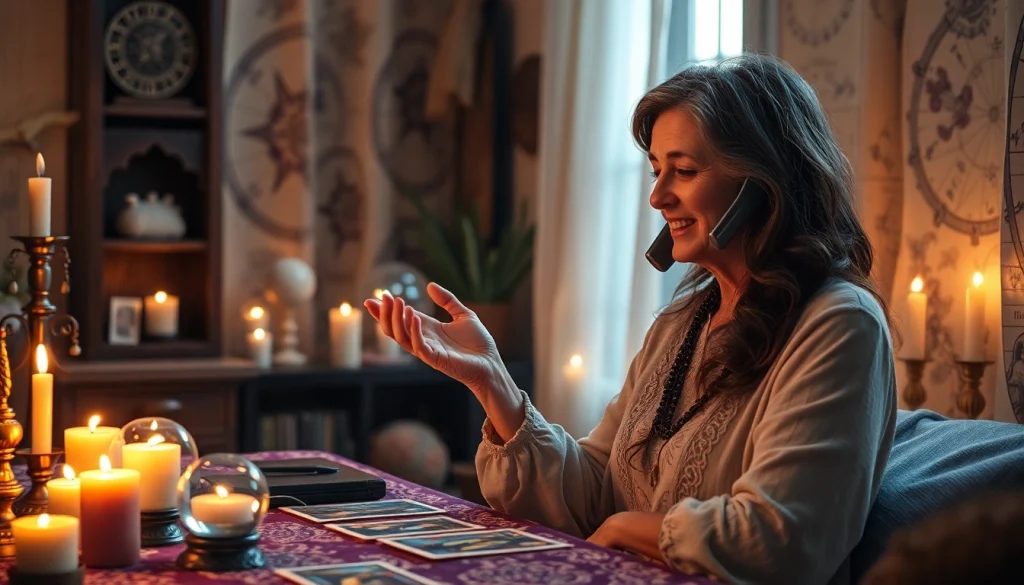 神秘的な雰囲気の中で電話占い当たるを示す魅力的なタロットリーディングシーン。