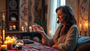 神秘的な雰囲気の中で電話占い当たるを示す魅力的なタロットリーディングシーン。