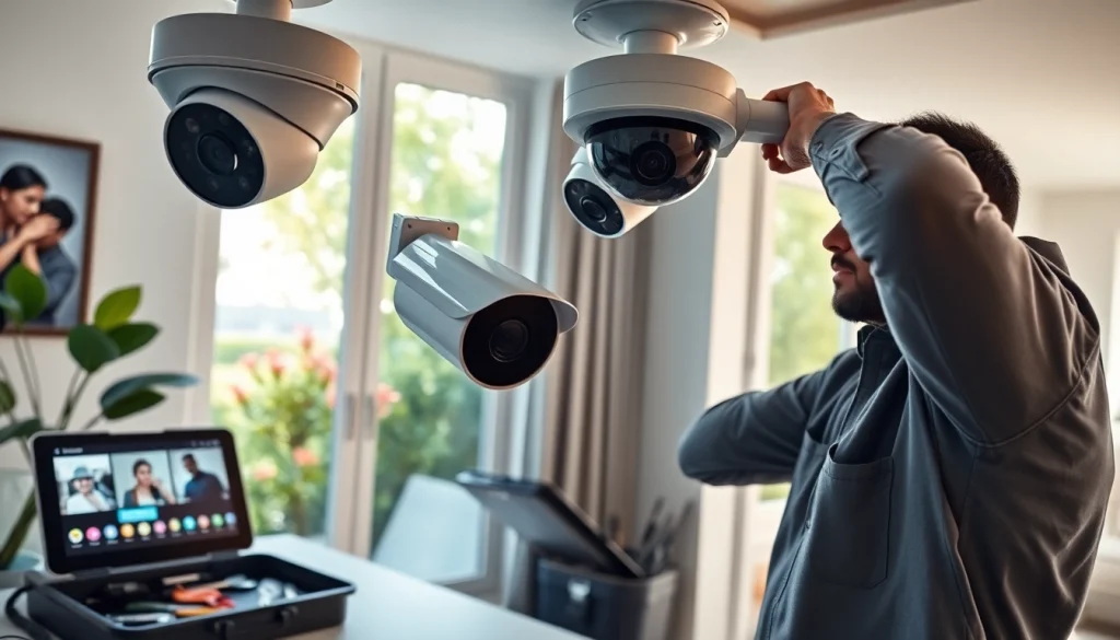 Instalación de alarmas de seguridad en una casa moderna, mostrando equipamiento profesional y un técnico experto.