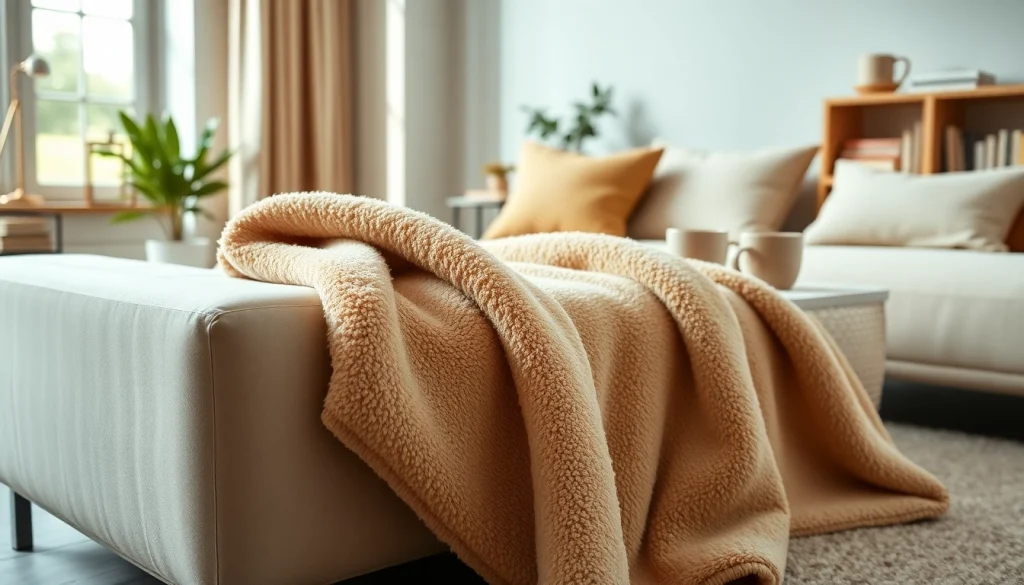 Fleece stof kopen: Een sfeervolle woonkamer met zachte fleece op een moderne bank.