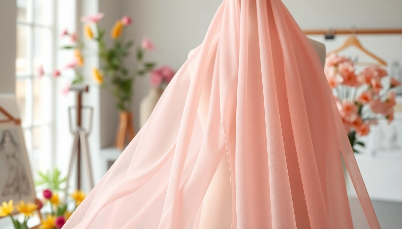 Chiffon stof prachtig gedrapeerd op een mannequin in een modeatelier.