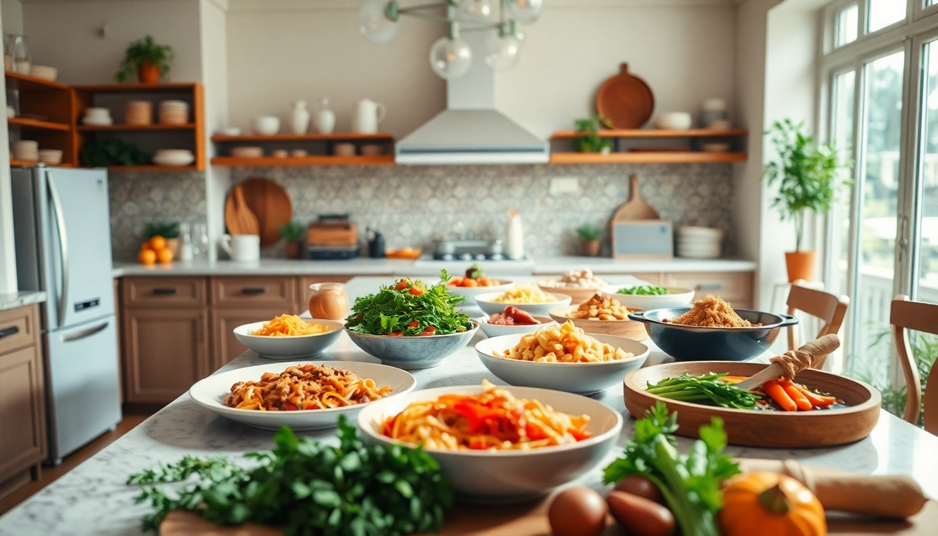 Engaging cooking scene highlighting dish facts with vibrant food ingredients on a kitchen island.