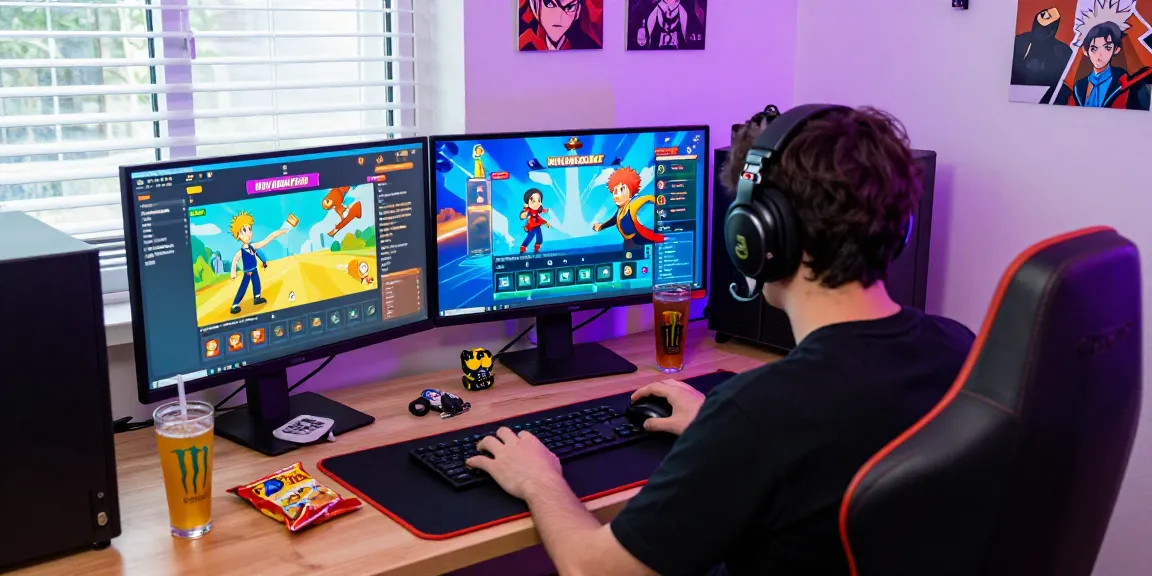 Engaged gamer playing Status AI with fandom merchandise and game characters.
