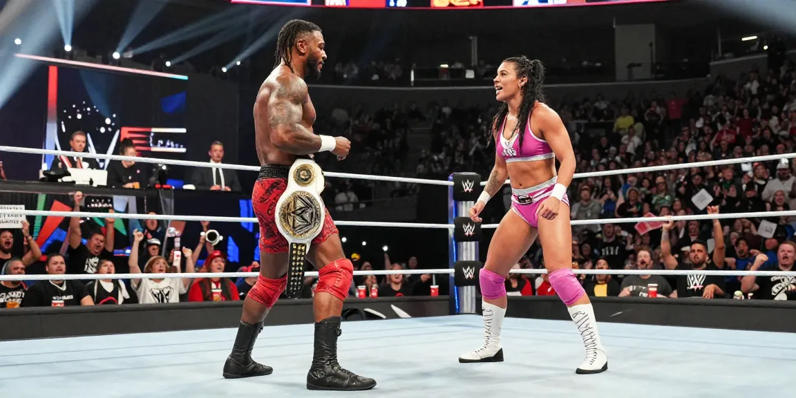 Xavier Woods and Paige energizing the crowd at a WWE wrestling event